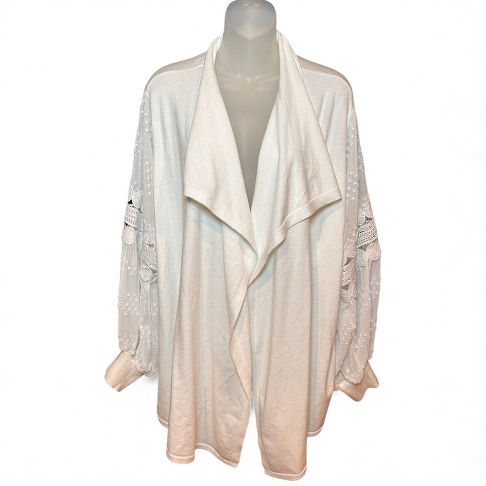 Sioni White Open Front Cardigan Crochet Sleeves Women’s Size 2X Cascading NWOT